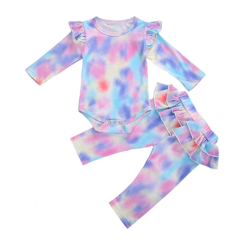 0-18M Newborn Baby Girl Long Sleeve Bodysuit Tops Ruffles Long Pant Trouser 2PCS Outfits Tie Dyed Baby Clothing Set