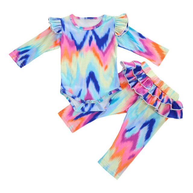 0-18M Newborn Baby Girl Long Sleeve Bodysuit Tops Ruffles Long Pant Trouser 2PCS Outfits Tie Dyed Baby Clothing Set