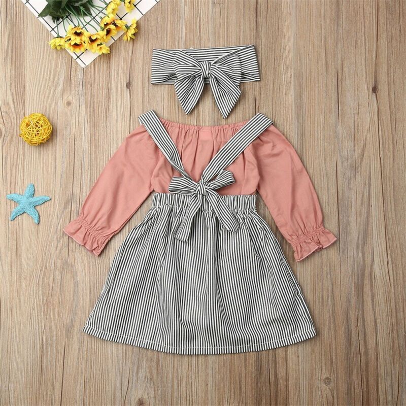 0-24M Toddler Newborn Baby Girls Clothing Set Long Sleeve Solid Romper Striped Bib Skirts Headband Outfits Autumn Spring Clothes