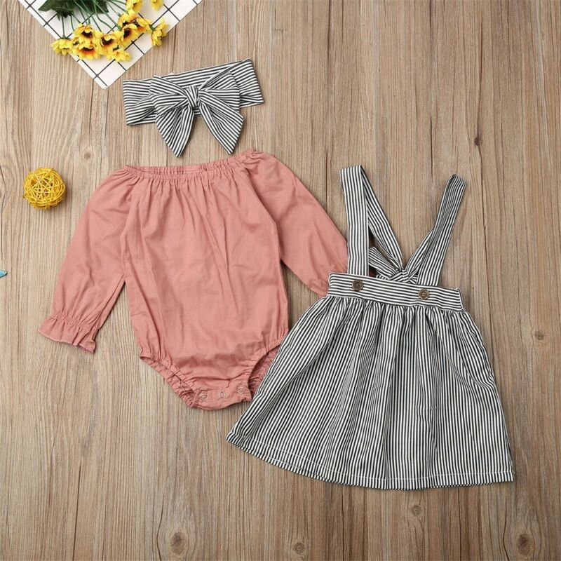 0-24M Toddler Newborn Baby Girls Clothing Set Long Sleeve Solid Romper Striped Bib Skirts Headband Outfits Autumn Spring Clothes