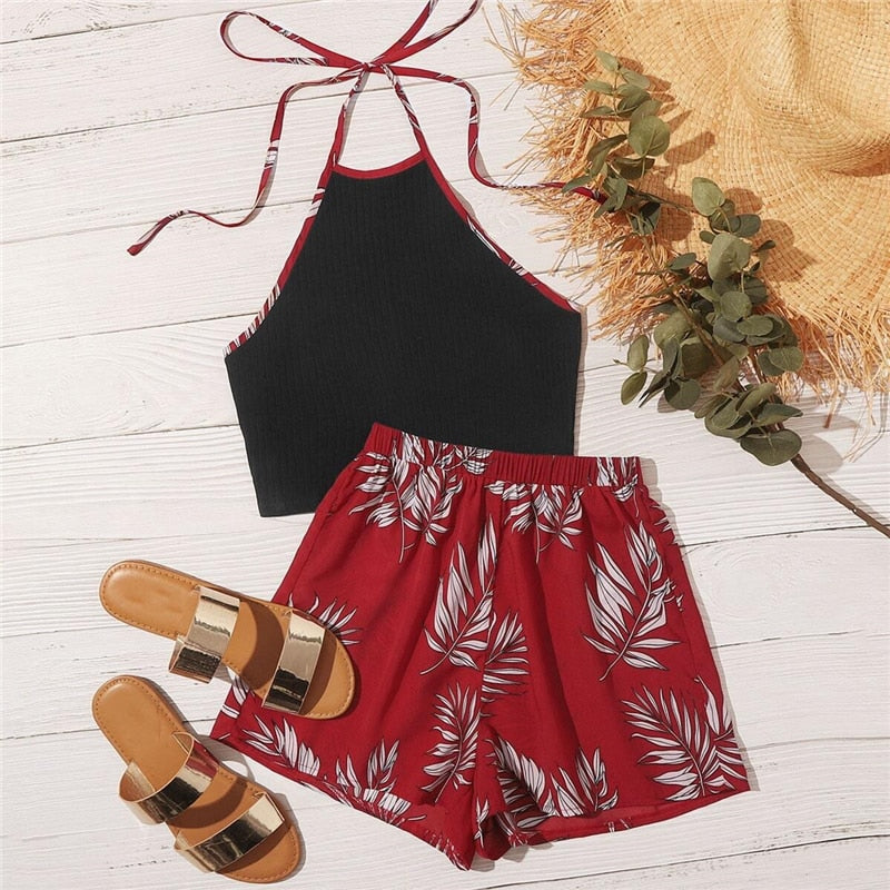 SHEIN Contrast Binding Tie Back Halter Top and  Wide Leg Shorts Set Summer Sleeveless Tropical Boho Two Piece Sets