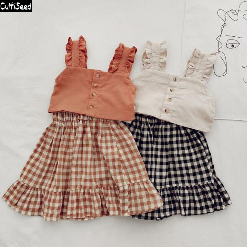 Cultiseed Girl Dress Sets Big Children Girls Summer Spaghetti Strap Top+Plaid Dress 2pc Dress Suits Kids Vintage Party Dresses