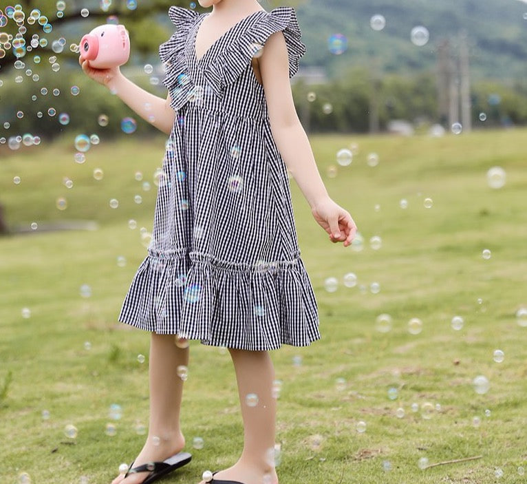 Summer Fashion Sleeveless Party Girl Dress Cotton Plaid Flower Vintage
