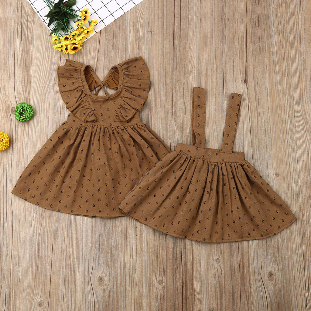 Baby Girls Brown Vintage Ruffled A Line Dress 6M-4Y Toddler Kids Children Casual Solid Cotton Sleevless Knee Length Dress