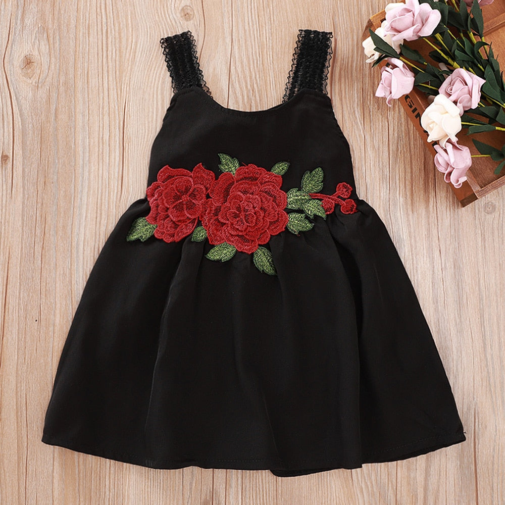 Summer Girls Vintage Casual Rose Embroidery Lace Dress Kids Baby Girls Sleeveless Backless O-Neck Cami Knee-Length Dress  Q30