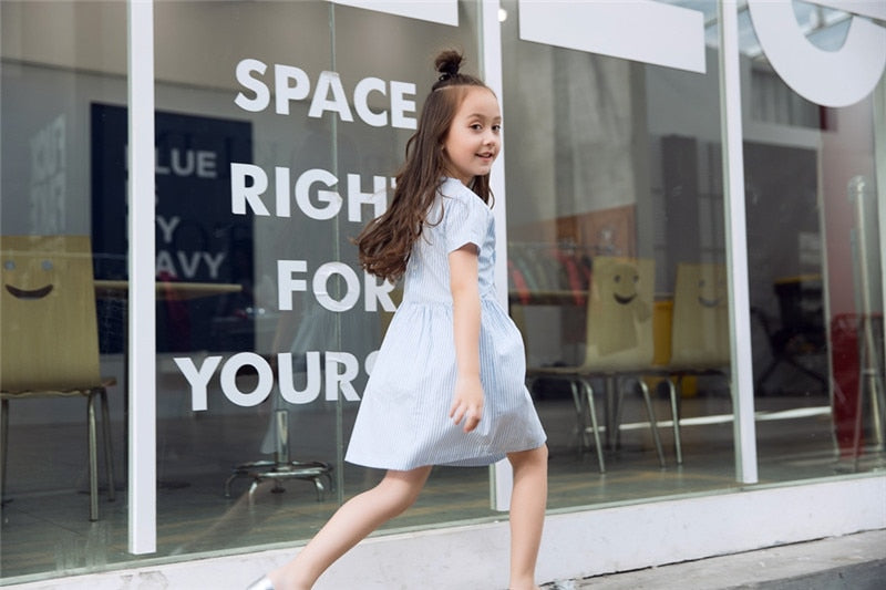 child girls summer dress with bow party birthday dresses cotton blue and white stripe dress kids clothing for children teens