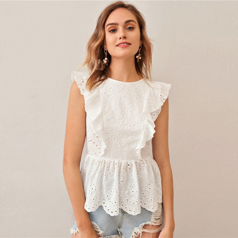SheIn Women's Long Sleeve Embroidery Eyelet Tops V Neck Frill Trim