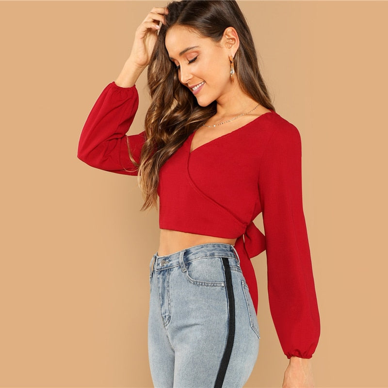 SHEIN Red Night Out Bishop Sleeve Backless Knot V-Back Wrap Crop Slim Fit Pullovers Top