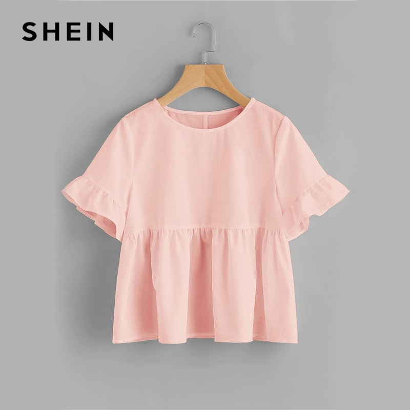 SHEIN Cute Pink Ruffle Cuff Solid Smock Top Flared Hem Round Neck Short Sleeve Summer Loose Womens Tops and Blouses